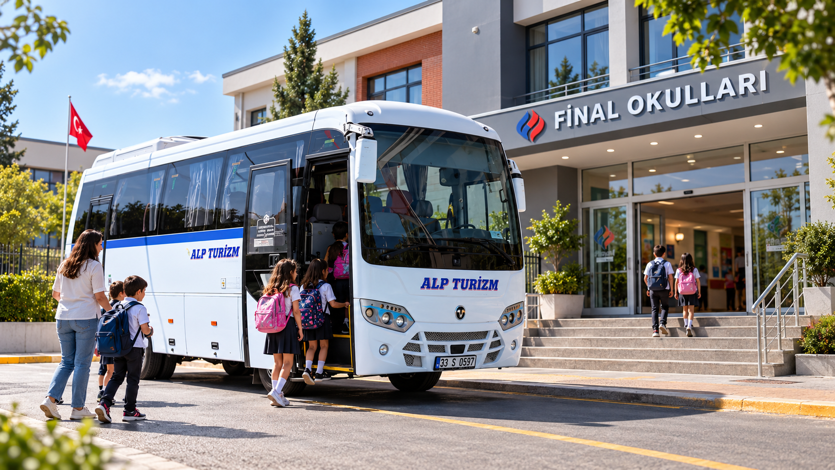 Öğrenci taşımacılığında kullanılan Alp Turizm okul servisinin düzenlenmiş görseli